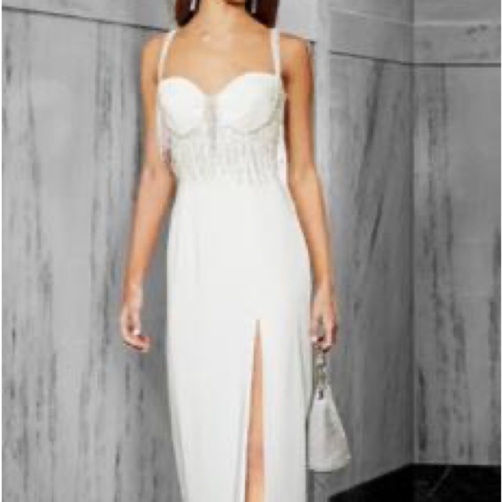 GB X MARK ZUNINO JEWELED FRINGE FRONT SLIT GOWN. - Picture 2 of 11